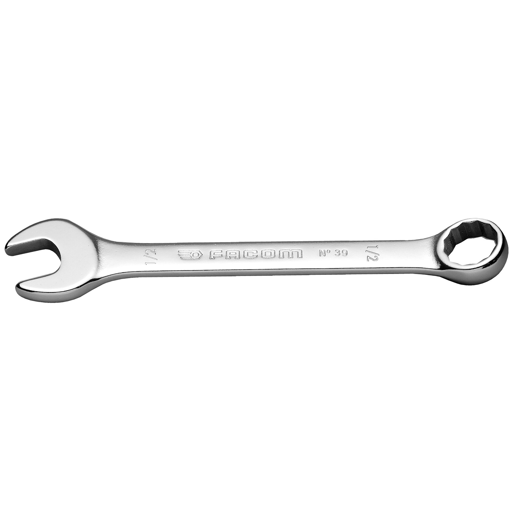 Facom 39_3_8 combination wrench with open and box ends, silver finish, photographed on white background.